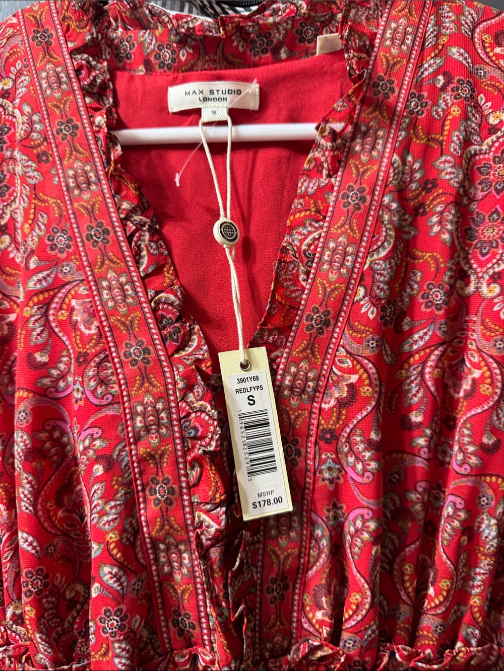 Max Studio Red Paisley Tiered Maxi Dress